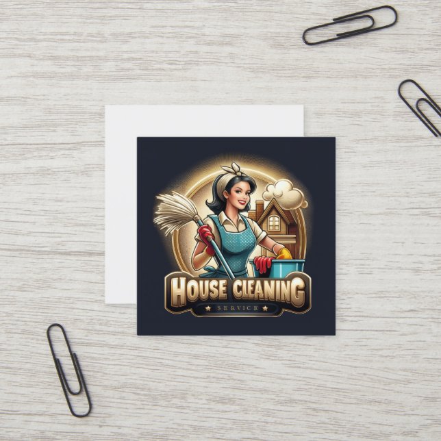 Carte De Visite Carré Modern House Cleaning Maid Service Housekeeping (Devant/Arrière en situation)