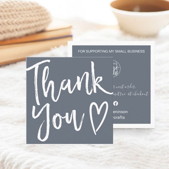 Carte De Visite Carré Modern Merci script commander simple bleu poussiér (Modern thank you script order simple dusty blue square business card)