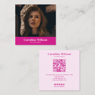 Carte De Visite Carré Moderne Chic rose chaud QR Code Photo Girl
