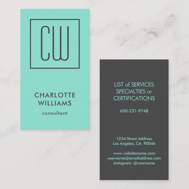 Carte De Visite Carré moderne chic Turquoise Monogramme élégant (Devant / Derrière)