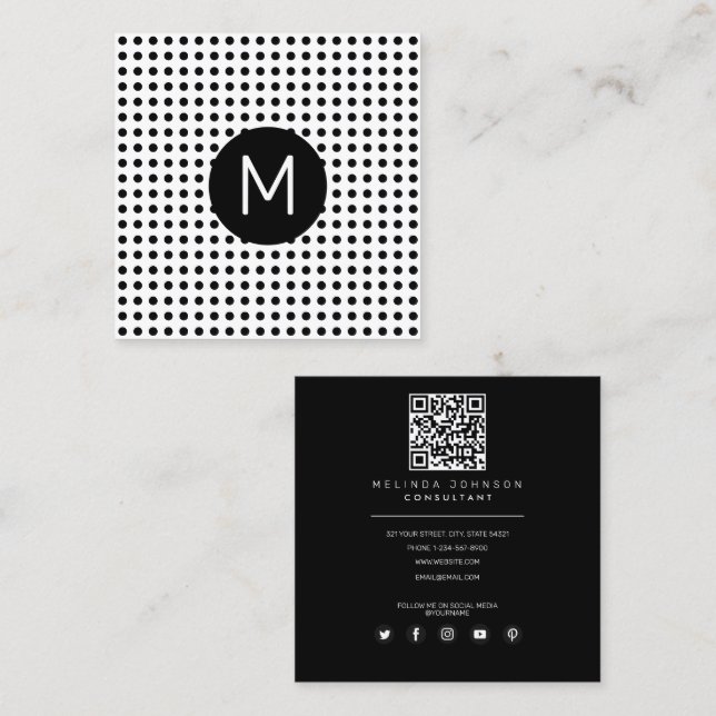 Carte De Visite Carré Moderne Contemporain Initial QR Code Professionnel (Devant / Derrière)