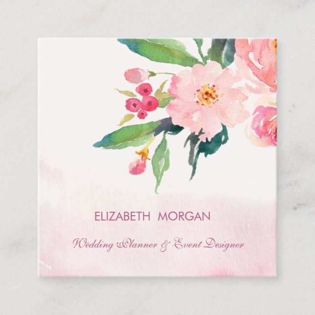 Carte De Visite Carré Moderne Élégant Fleurs D'Aquarelle Romantique (Devant)