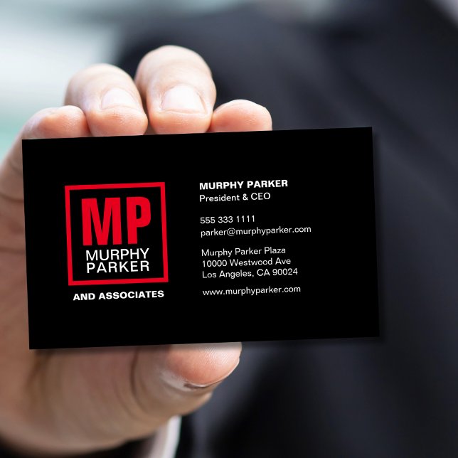 Carte De Visite Carré moderne en gras logo Monogramme noir rouge (Créateur téléchargé)