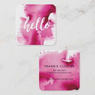 Carte De Visite Carré MODERNE HELLO SCRIPT arty aquarelle splash rose