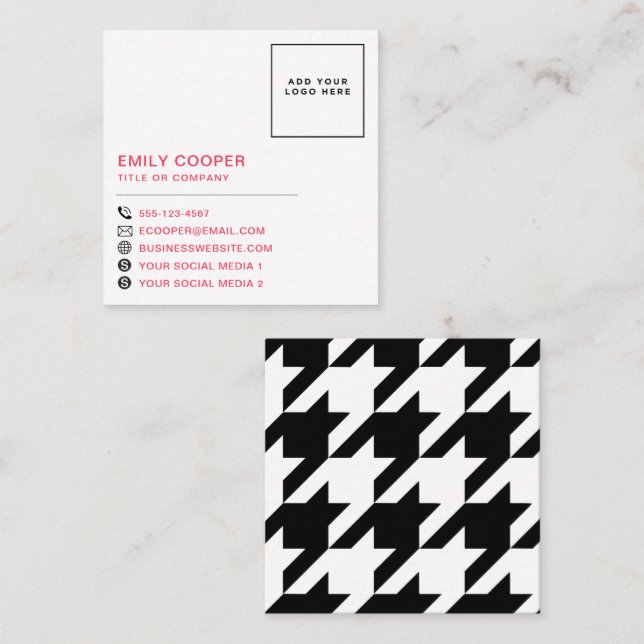 Carte De Visite Carré Moderne Houndstooth Ajouter Logo Noir Blanc (Devant / Derrière)