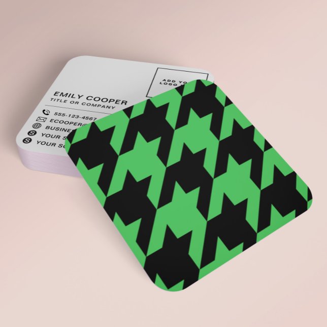 Carte De Visite Carré Moderne Houndstooth Ajouter logo noir et vert (Créateur téléchargé)