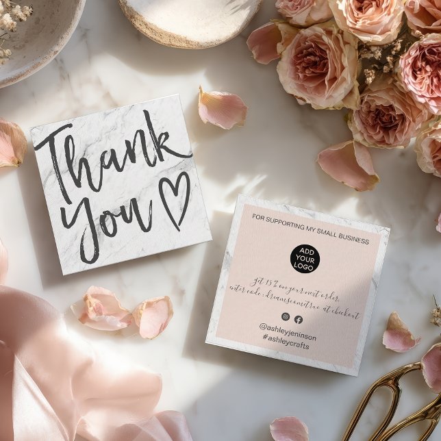 Carte De Visite Carré Moderne merci script commander marbre blush rose (Modern thank you script order marble blush pink square business card)