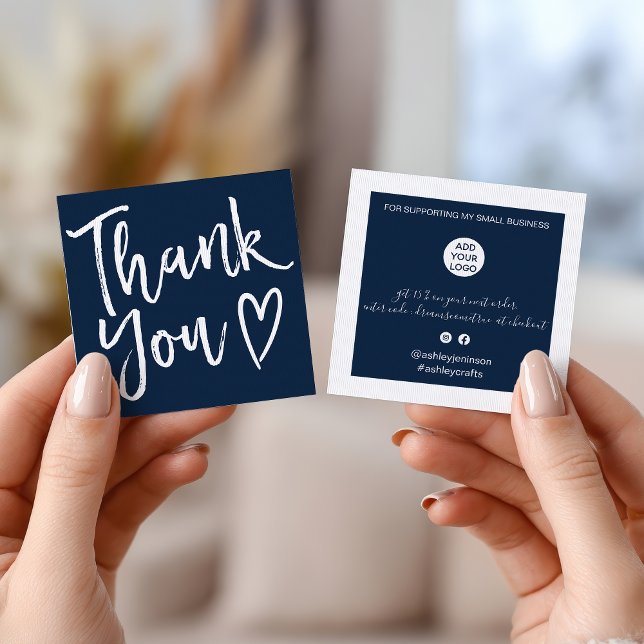 Carte De Visite Carré Moderne merci script commander marine minimum bleu (Modern thank you script order minimal navy blue square business card)