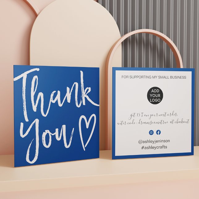 Carte De Visite Carré Moderne merci script commander minimum chic bleu (Modern thank you script order minimal chic blue square business card)