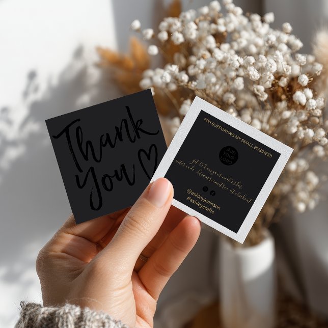 Carte De Visite Carré Moderne merci script commander minimum noir (Modern thank you script order minimal black square business card)