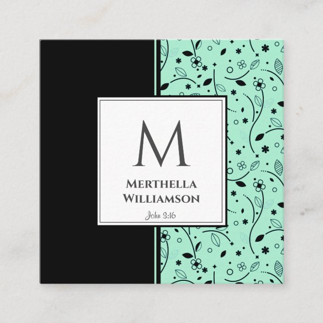 Carte De Visite Carré Moderne MONOGRAM Neo Mint Black Floral (Devant)