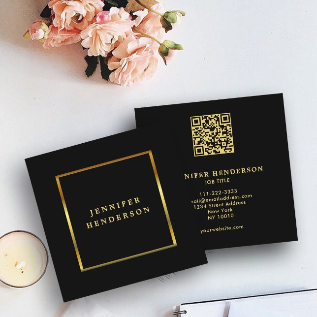 Carte De Visite Carré Moderne stylisé noir code QR professionnel (Beautiful elegant stylish black gold QR code professional business card,)