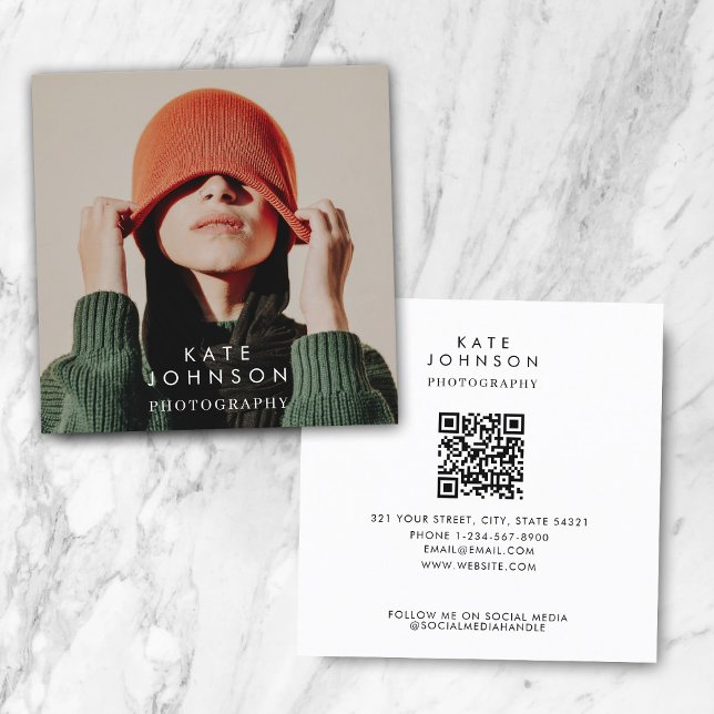 Carte De Visite Carré Moderne Tendance photo intégrale QR Code Médias so (Créateur téléchargé)