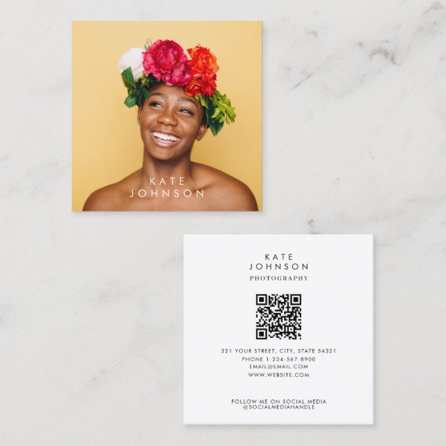 Carte De Visite Carré Moderne tendance stylish Full Photo Code QR (Devant / Derrière)