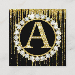 Carte De Visite Carré Monogramme à paillettes dorées et effet de goutte