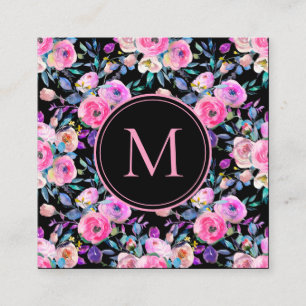 Carte De Visite Carré Monogramme aquarelle rose floral