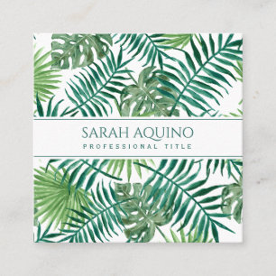 Carte De Visite Carré Monogramme Aquarelle tropicale Palm Feuille Botani