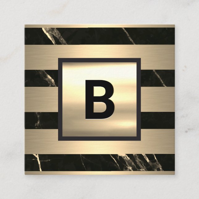 Carte De Visite Carré Monogramme | Bandes métalliques d'or | Marbre d'or (Devant)