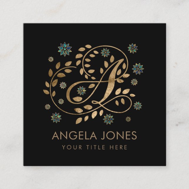 Carte De Visite Carré Monogramme de luxe Golden Calligraphy avec lettre  (Devant)