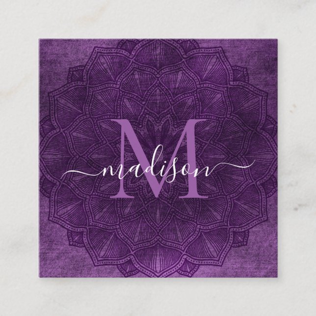Carte De Visite Carré Monogramme de Mandala Lotus Fleur violet foncé (Devant)