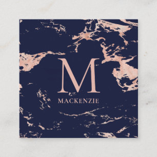 Carte De Visite Carré Monogramme en marbre Rose or en cuivre bleu marine