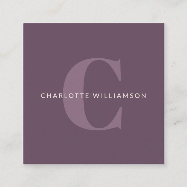 Carte De Visite Carré Monogramme et nom personnalisés simples en violet (Devant)