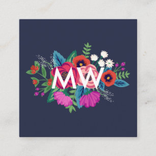 Carte De Visite Carré Monogramme floral de bouquet boho vibrant