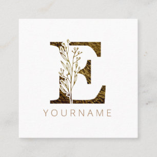 Carte De Visite Carré Monogramme floral E Élégant alliage d'or