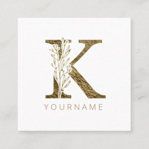 Carte De Visite Carré Monogramme Floral K Élégant Liquide Or