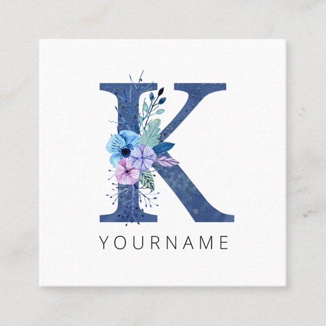Carte De Visite Carré Monogramme floral K Flores bleues hivernales (Devant)