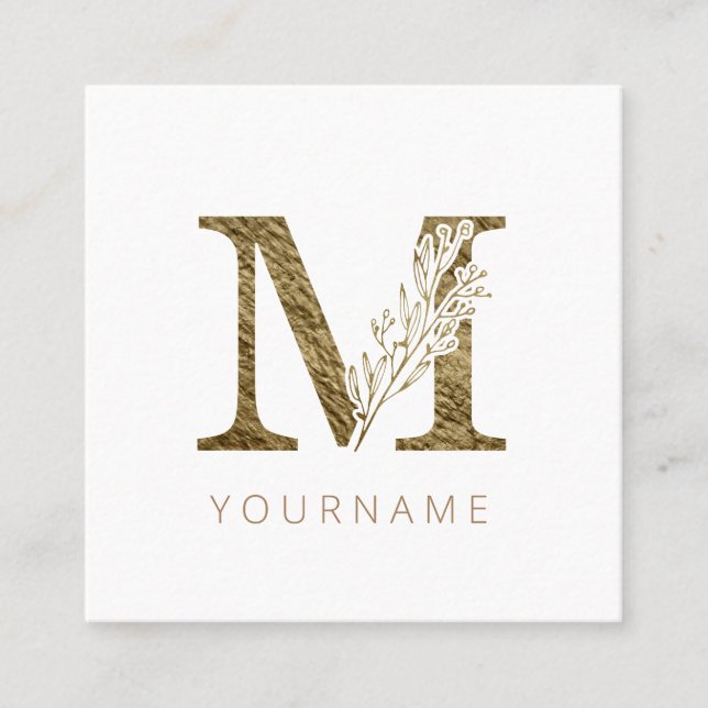 Carte De Visite Carré Monogramme floral M Élégant alliage d'or (Devant)