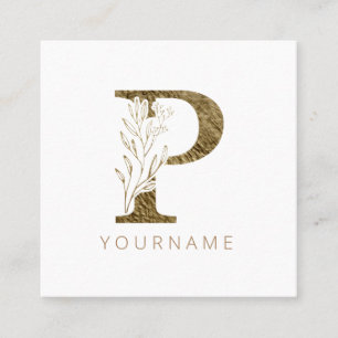Carte De Visite Carré Monogramme floral P Élégant alliage d'or