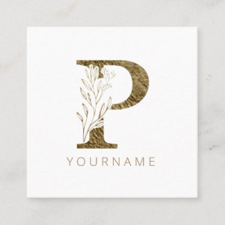Carte De Visite Carré Monogramme floral P Élégant alliage d'or