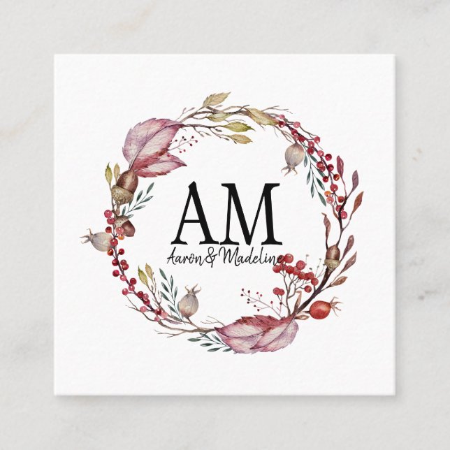Carte De Visite Carré Monogramme floral personnalisable Cadre Feuillage  (Devant)