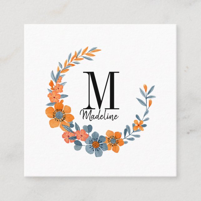 Carte De Visite Carré Monogramme floral personnalisable Fleurs orange d' (Devant)