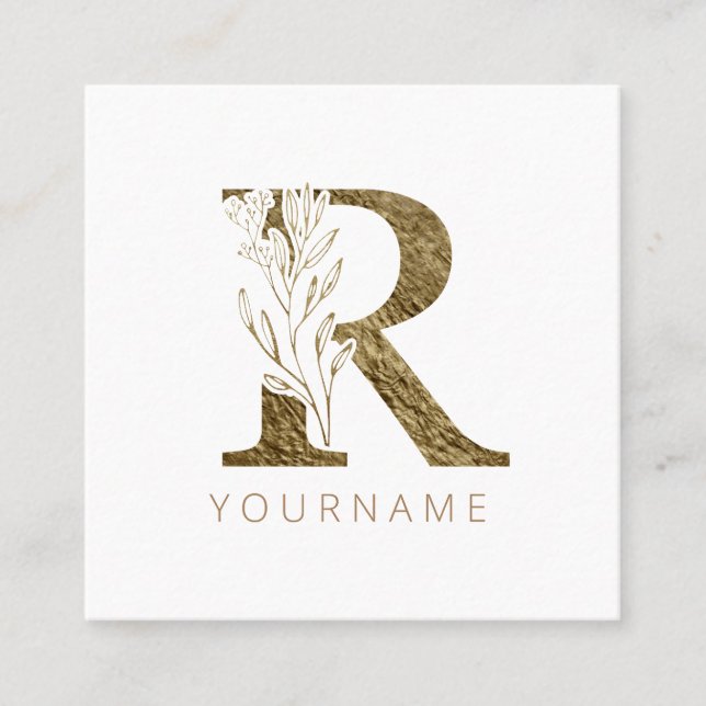 Carte De Visite Carré Monogramme floral R Élégant alliage d'or (Devant)