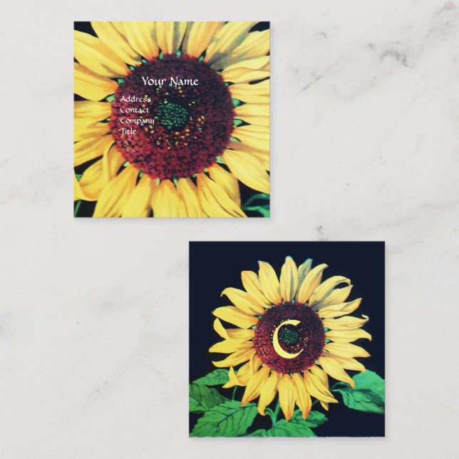 Carte De Visite Carré MONOGRAMME FLORAL RUSTIQUE TOURNESOL Carré (Devant / Derrière)