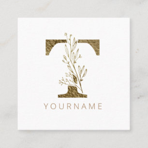Carte De Visite Carré Monogramme floral T Élégant alliage d'or