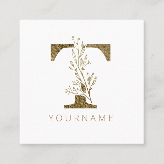 Carte De Visite Carré Monogramme floral T Élégant alliage d'or (Devant)