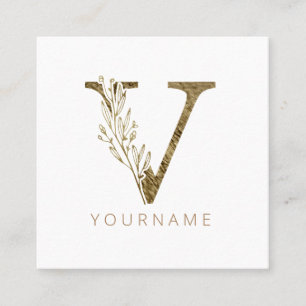 Carte De Visite Carré Monogramme floral V Élégant alliage d'or