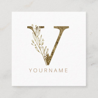 Carte De Visite Carré Monogramme floral V Élégant alliage d'or