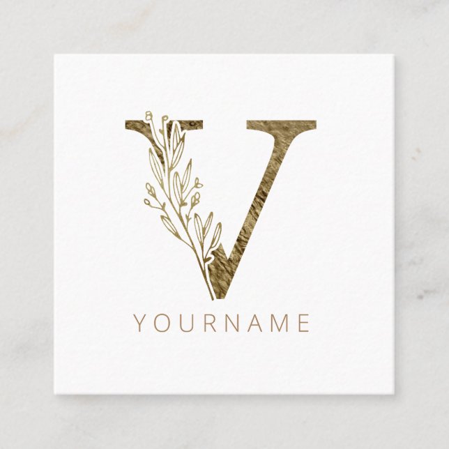 Carte De Visite Carré Monogramme floral V Élégant alliage d'or (Devant)