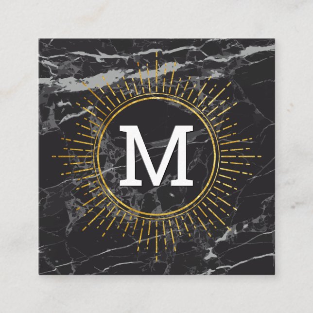 Carte De Visite Carré Monogramme | Golden Shine | Marbre noir (Devant)