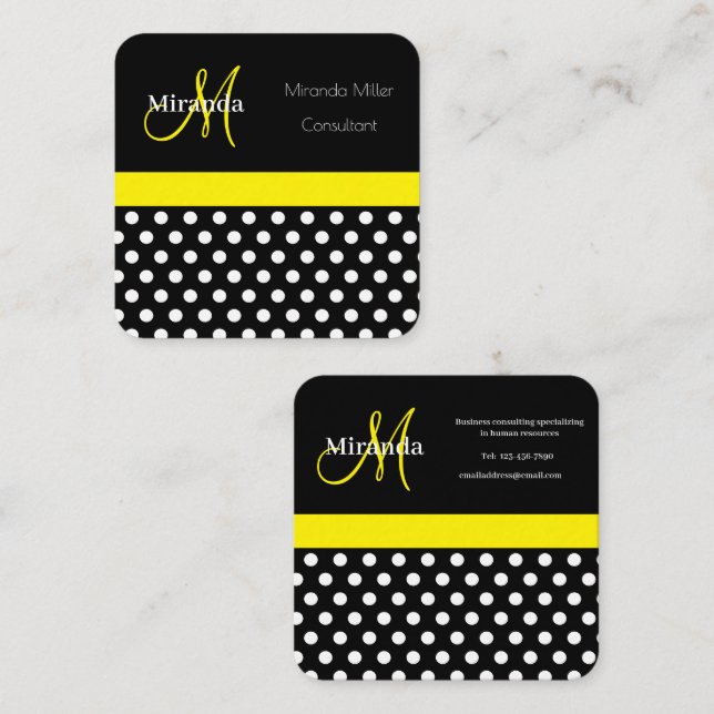 Carte De Visite Carré Monogramme jaune noir blanc Polka point (Devant / Derrière)