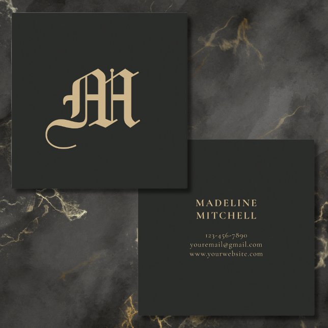 Carte De Visite Carré Monogramme minimal élégant Ornate Black Gold (Créateur téléchargé)