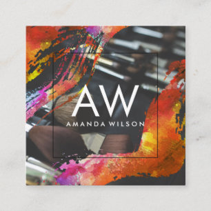 Carte De Visite Carré Monogramme Moderne Aquarelle Pinceaux de maquillag