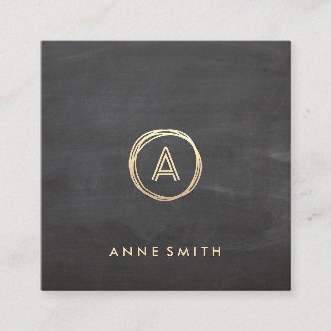 Carte De Visite Carré Monogramme moderne Chalkboard Luxe Gold Circle (Devant)