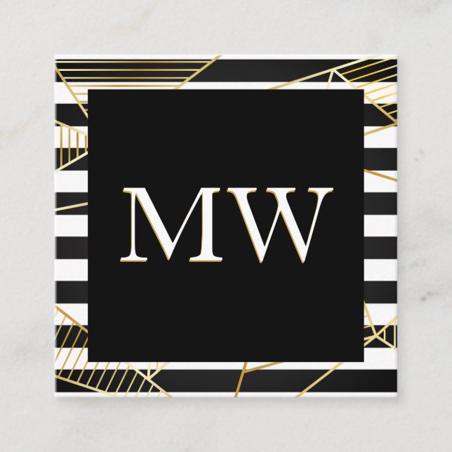 Carte De Visite Carré Monogramme moderne noir blanc rayures | Golden Pol (Devant)
