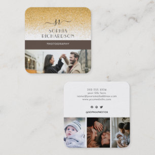 Carte De Visite Carré Monogramme personnalisé avec 4 photos et paillette