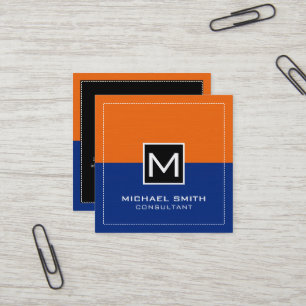 Carte De Visite Carré Monogramme professionnel Moderne Bleu foncé Orange